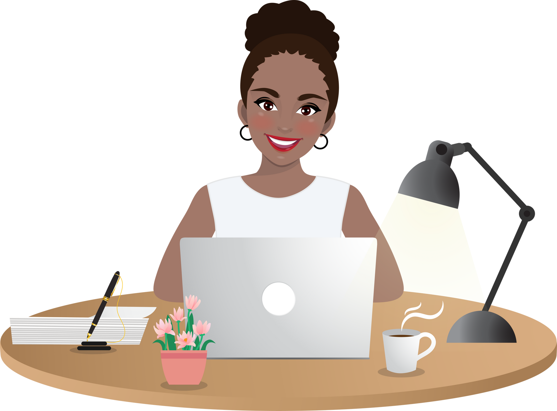 Black Women Working on Laptop Cartoon